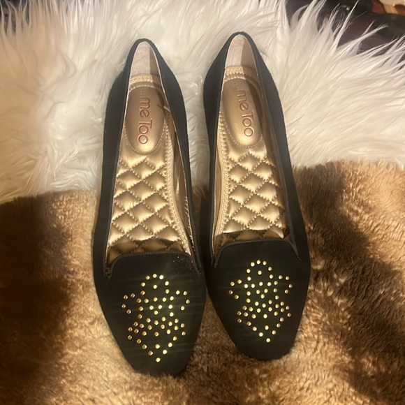 Me Too Black Suede with Gold-Studded Fleur de Lis Smoking Flats! So Chic! Sz. 8M - Picture 1 of 8